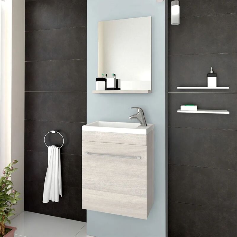 foto del prodotto inbagno mobile salvaspazio bagno 40 cm rovere grigio completo di specchio e lavabo