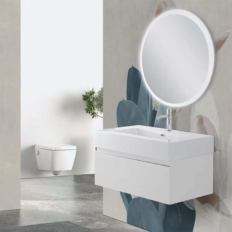foto del prodotto inbagno mobile sospeso 80 cm bianco lucido lavabo in resina e specchio led iside