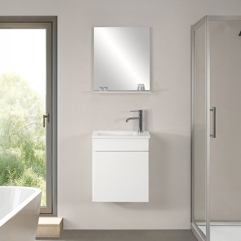 foto del prodotto inbagno mobile sospeso salvaspazio 45 cm bianco lucido mini profondo 25 con specchio