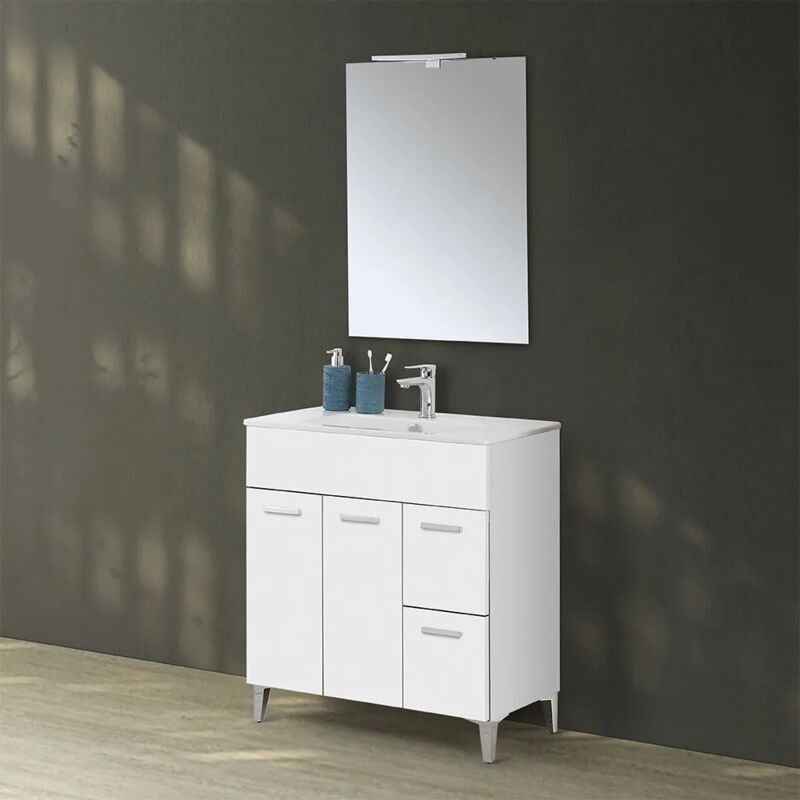 foto del prodotto inbagno mobiletto bagno da terra 80 bianco con lavabo e specchio led martha