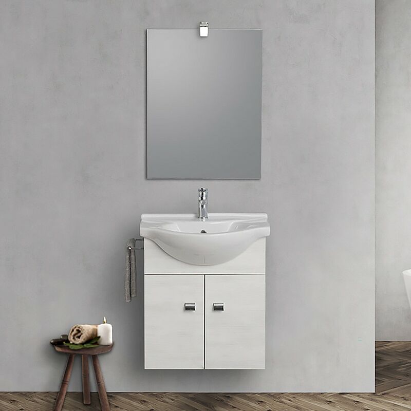 foto del prodotto inbagno mobiletto da bagno sospeso 55 cm rovere bianco con lavabo e specchio incluso