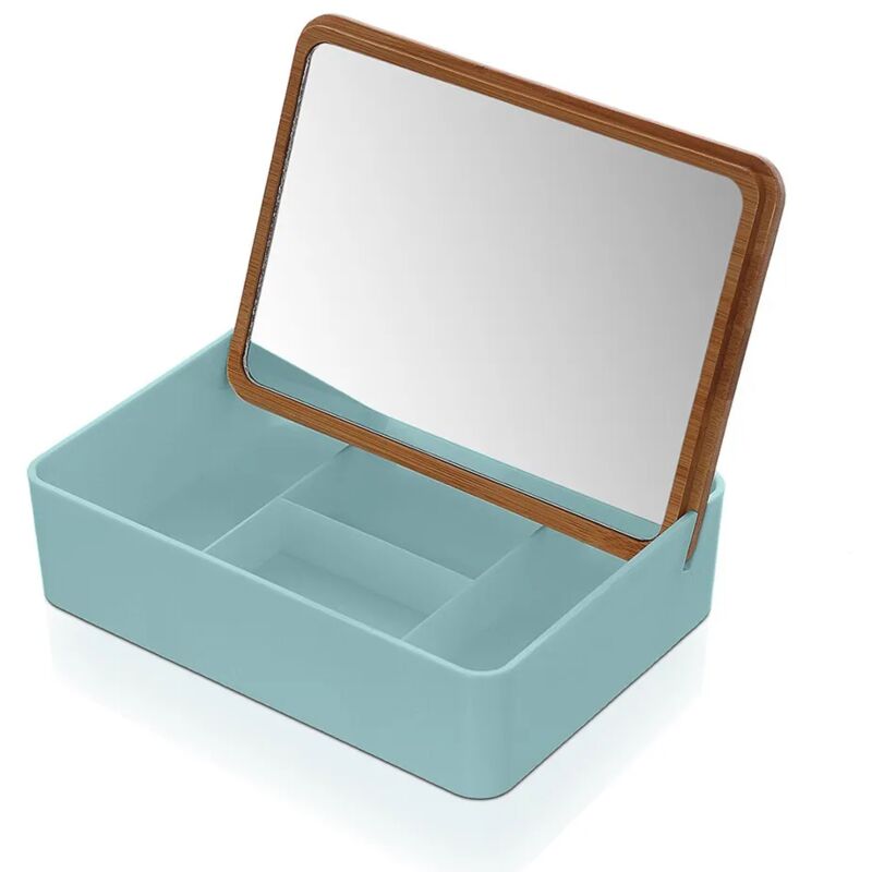 foto del prodotto inbagno organizer trucchi in plastica turchese completo di specchio con dettagli in bamb 