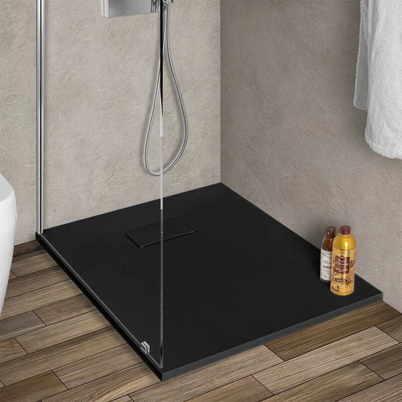 foto del prodotto inbagno piatto doccia 80x100 in resina nero effetto pietra riducibile agor 