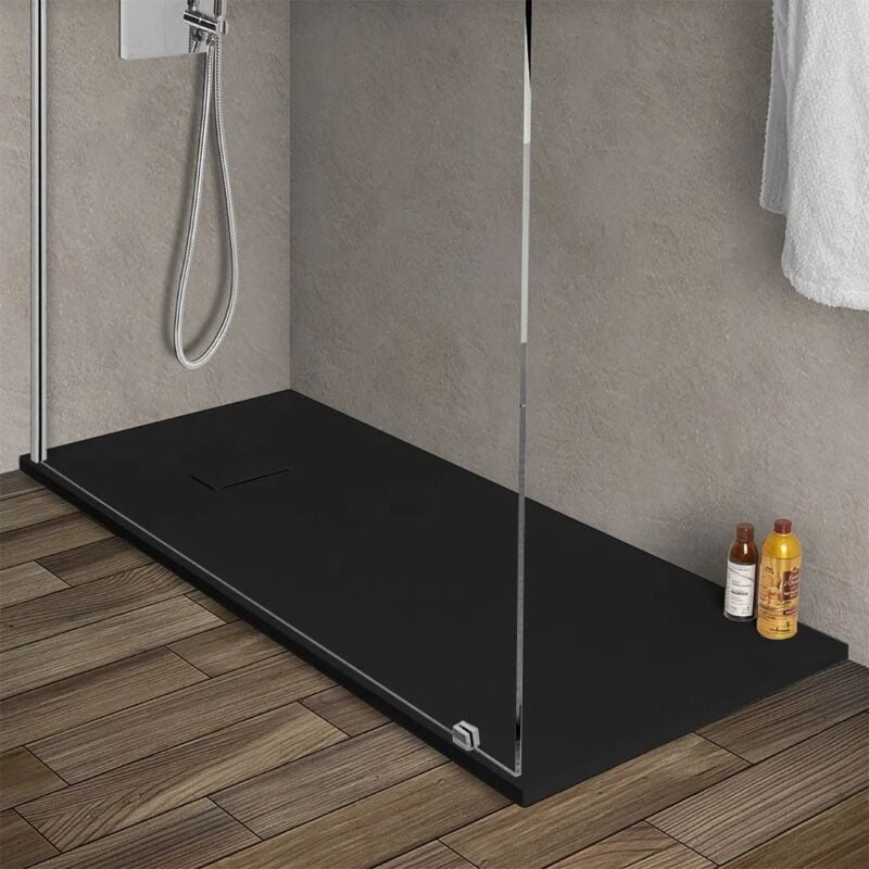 foto del prodotto inbagno piatto doccia 80x160 in resina nero effetto pietra riducibile agor 