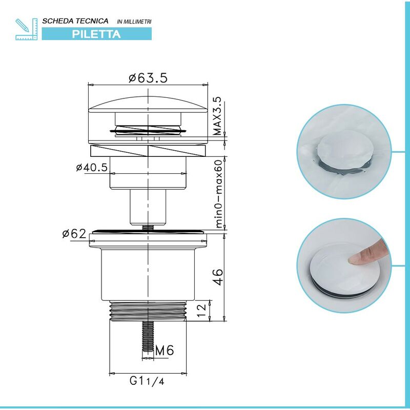 foto del prodotto inbagno piletta di scarico click clack universale bianco lucido con e senza troppopieno