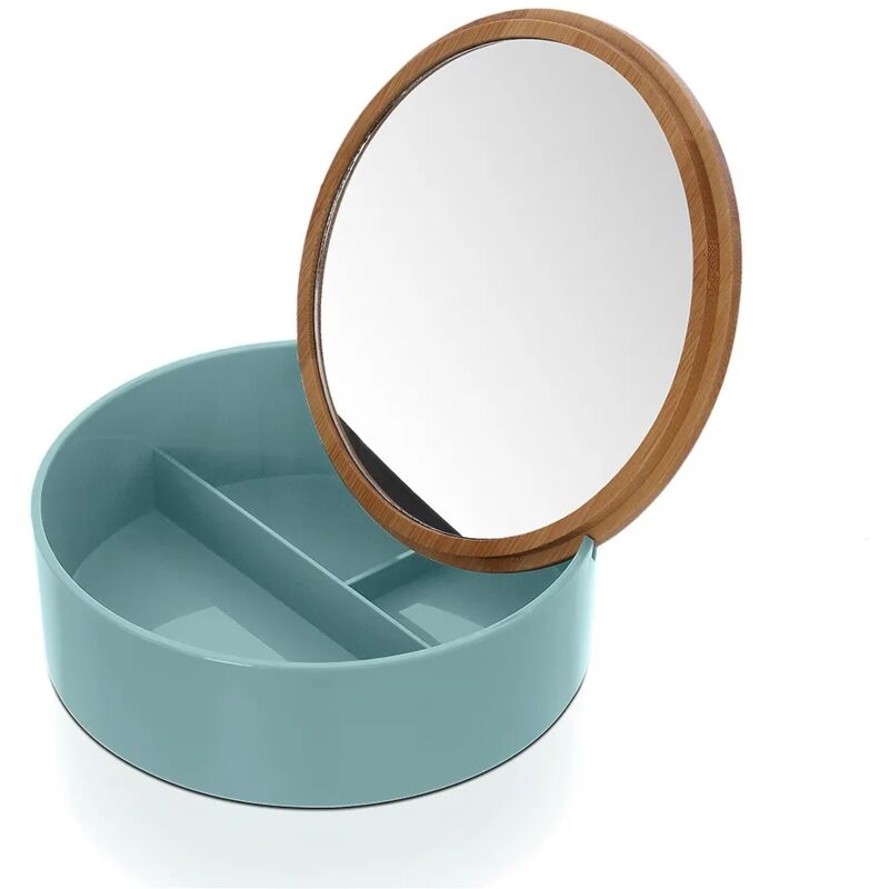 foto del prodotto inbagno porta trucchi da bagno tondo in plastica turchese e bamboo completo di specchio