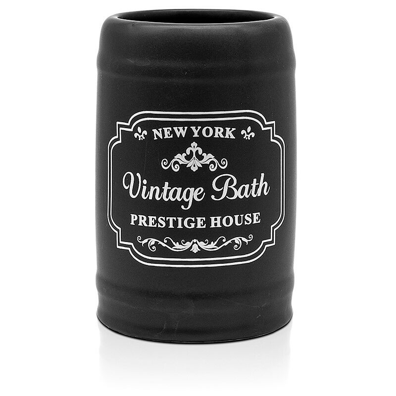 foto del prodotto inbagno portaspazzolini bagno in ceramica nera con stampe a contrasto bianche vintage