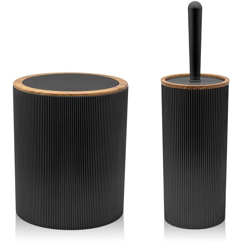 foto del prodotto inbagno set 2 pezzi porta scopino e pattumiera 5lt nero dettagli effetto legno blob