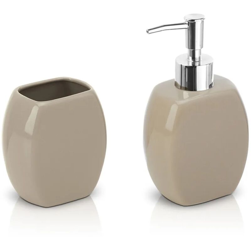 foto del prodotto inbagno set accessori bagno da appoggio dispenser e porta spazzolini in ceramica tortora