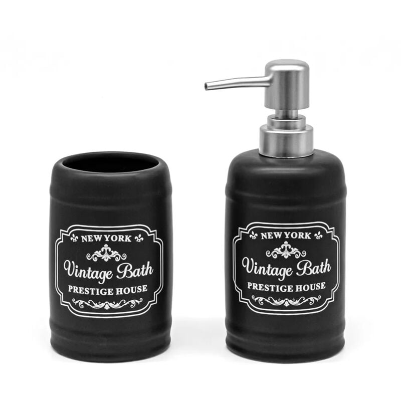 foto del prodotto inbagno - set accessori bagno dispenser sapone e portaspazzolini in ceramica nera vintage