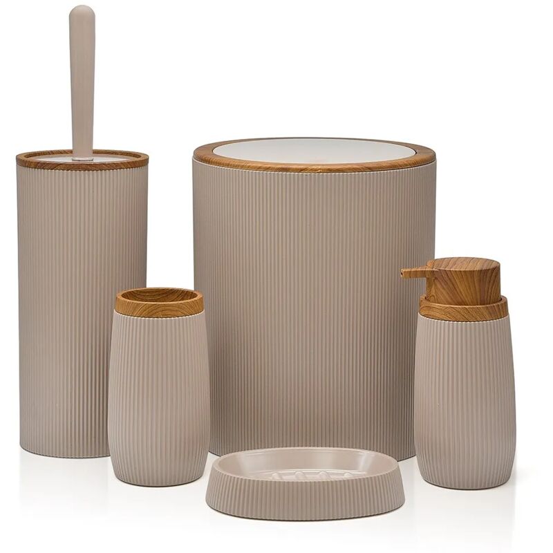 foto del prodotto inbagno set bagno da appoggio blob in plastica liscia tortora con dettagli effetto legno