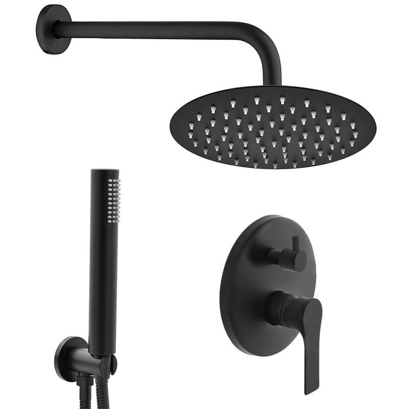 foto del prodotto inbagno set doccia nero opaco completo di soffione tondo 20 cm, kit doccetta e miscelatore