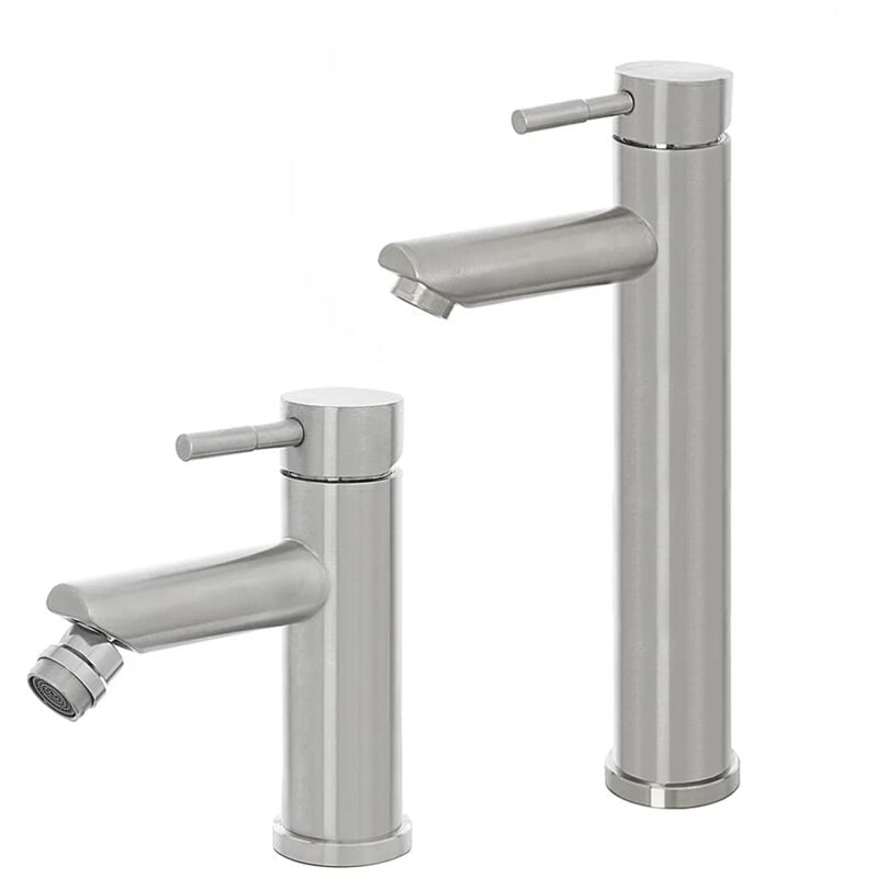 foto del prodotto inbagno set miscelatori lavabo alto e bidet acciaio spazzolato e piletta click clack york