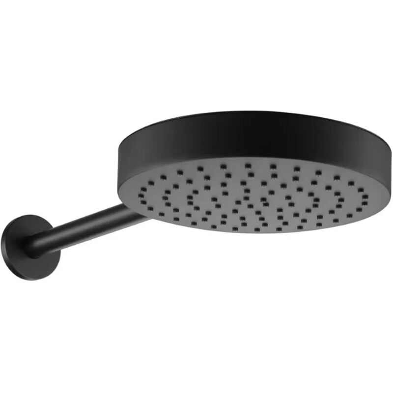 foto del prodotto inbagno soffione doccia nero opaco 25 con spessore 4 cm e braccio in acciaio