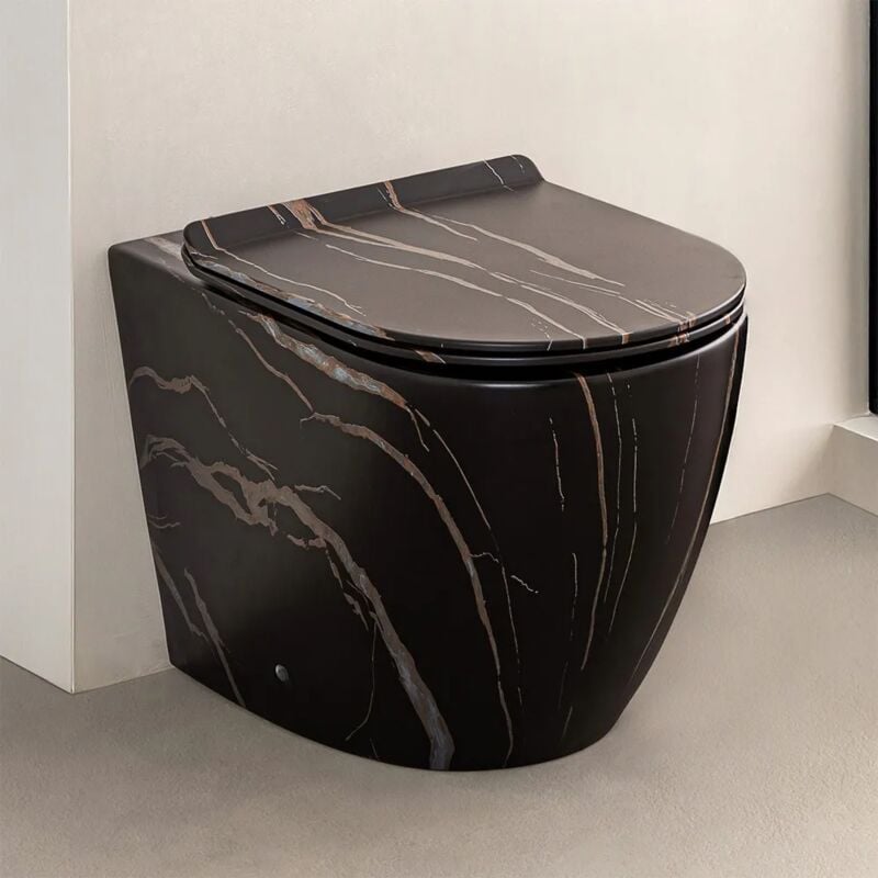 foto del prodotto inbagno water filoparete rimless ceramica marmorizzata nera con sedile tokyo