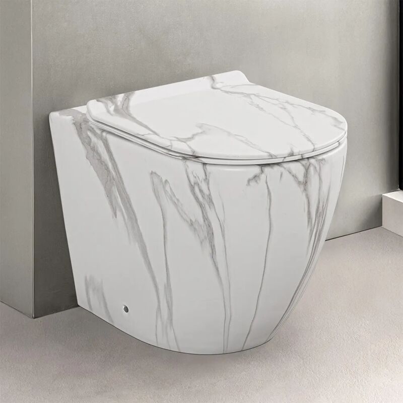 foto del prodotto inbagno wc filomuro rimless in ceramica marmorizzata bianca con sedile tokyo