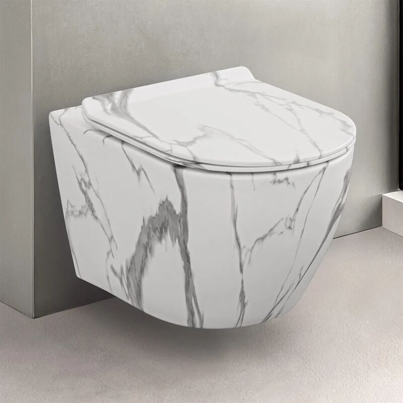 foto del prodotto inbagno wc sospeso rimless in ceramica marmorizzata bianca con sedile tokyo