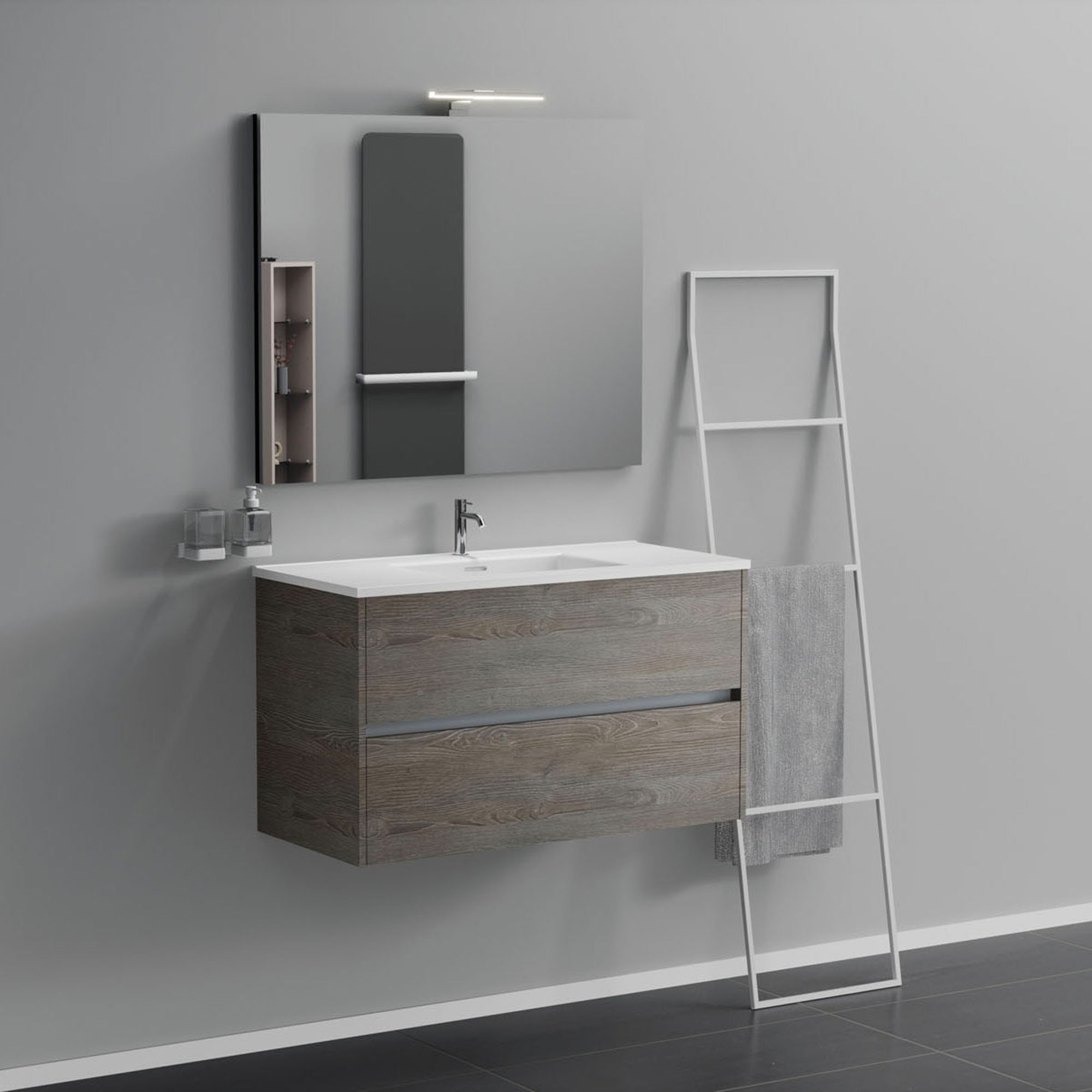 foto del prodotto inda - mobile bagno 2 cassetti l.100 con lavabo specchio e lampada - olmo fumè