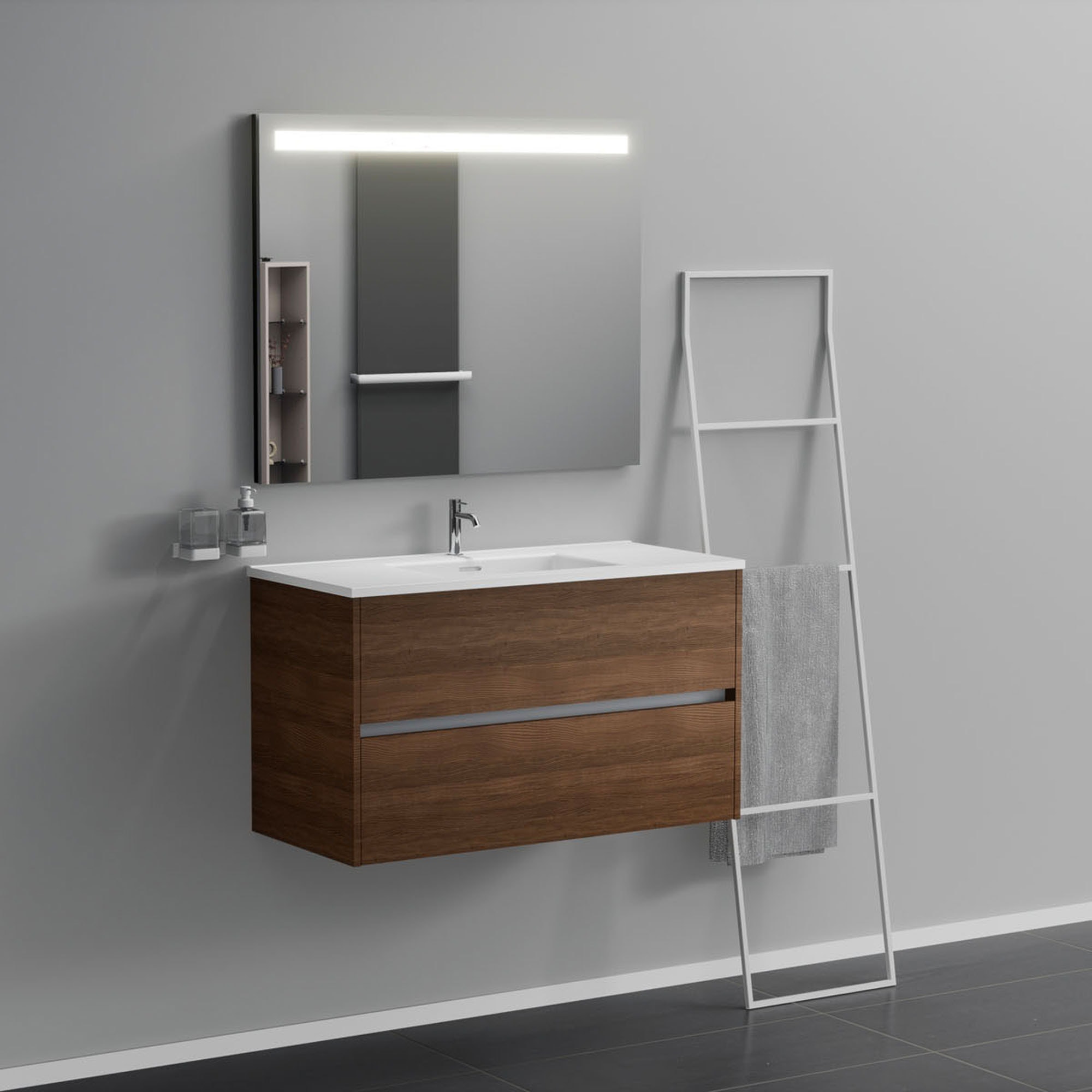 foto del prodotto inda - mobile bagno 2 cassetti l.100 con lavabo specchio illuminato - rovere castano