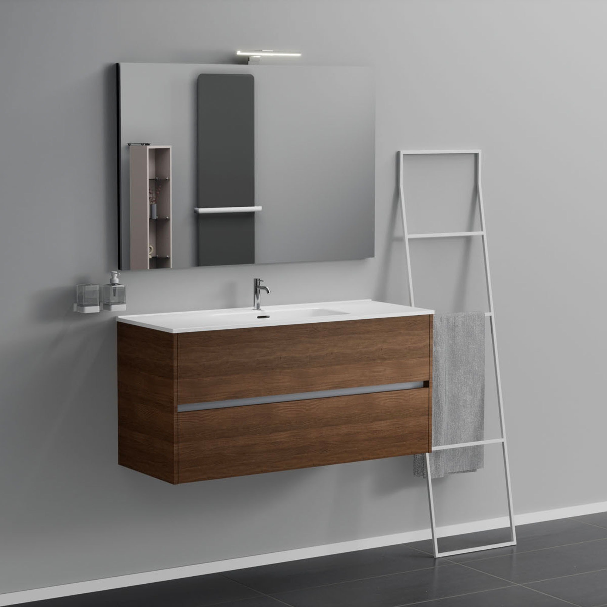 foto del prodotto inda - mobile bagno 2 cassetti l.120 con lavabo specchio e lampada - rovere castano