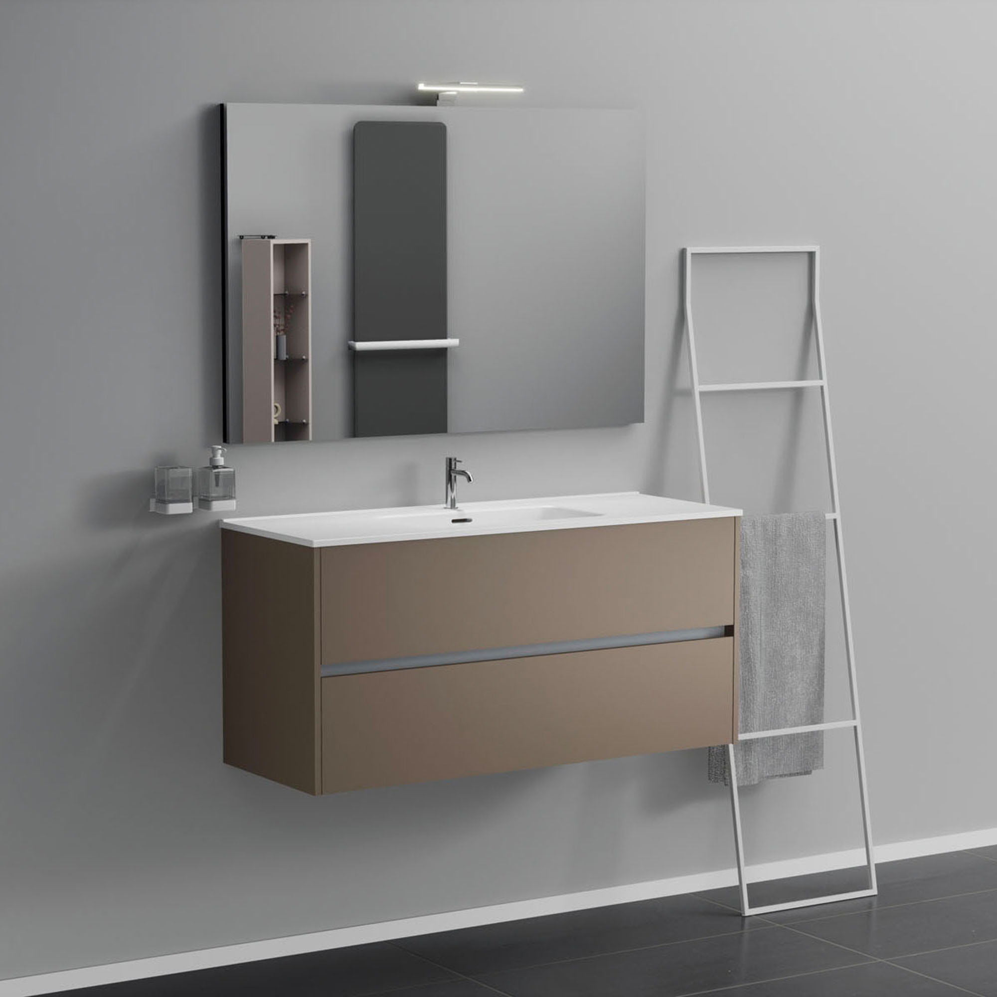 foto del prodotto inda - mobile bagno 2 cassetti l.120 con lavabo specchio e lampada - visone opaco