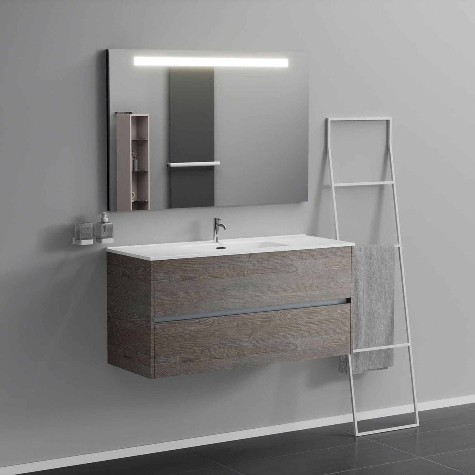 foto del prodotto inda - mobile bagno 2 cassetti l.120 con lavabo specchio illuminato - olmo fumè