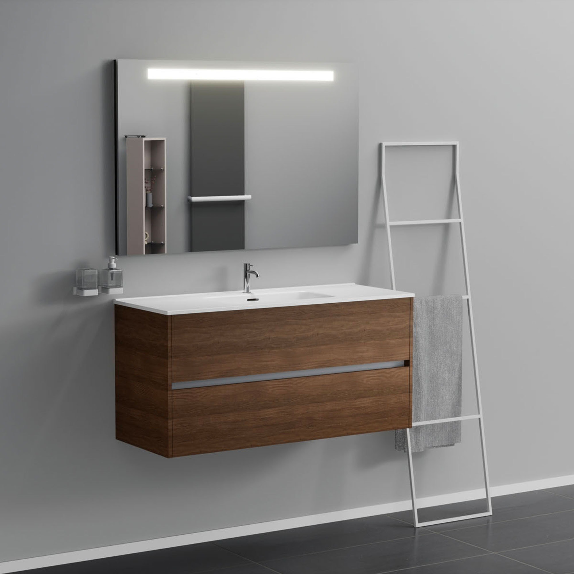 foto del prodotto inda - mobile bagno 2 cassetti l.120 con lavabo specchio illuminato - rovere castano