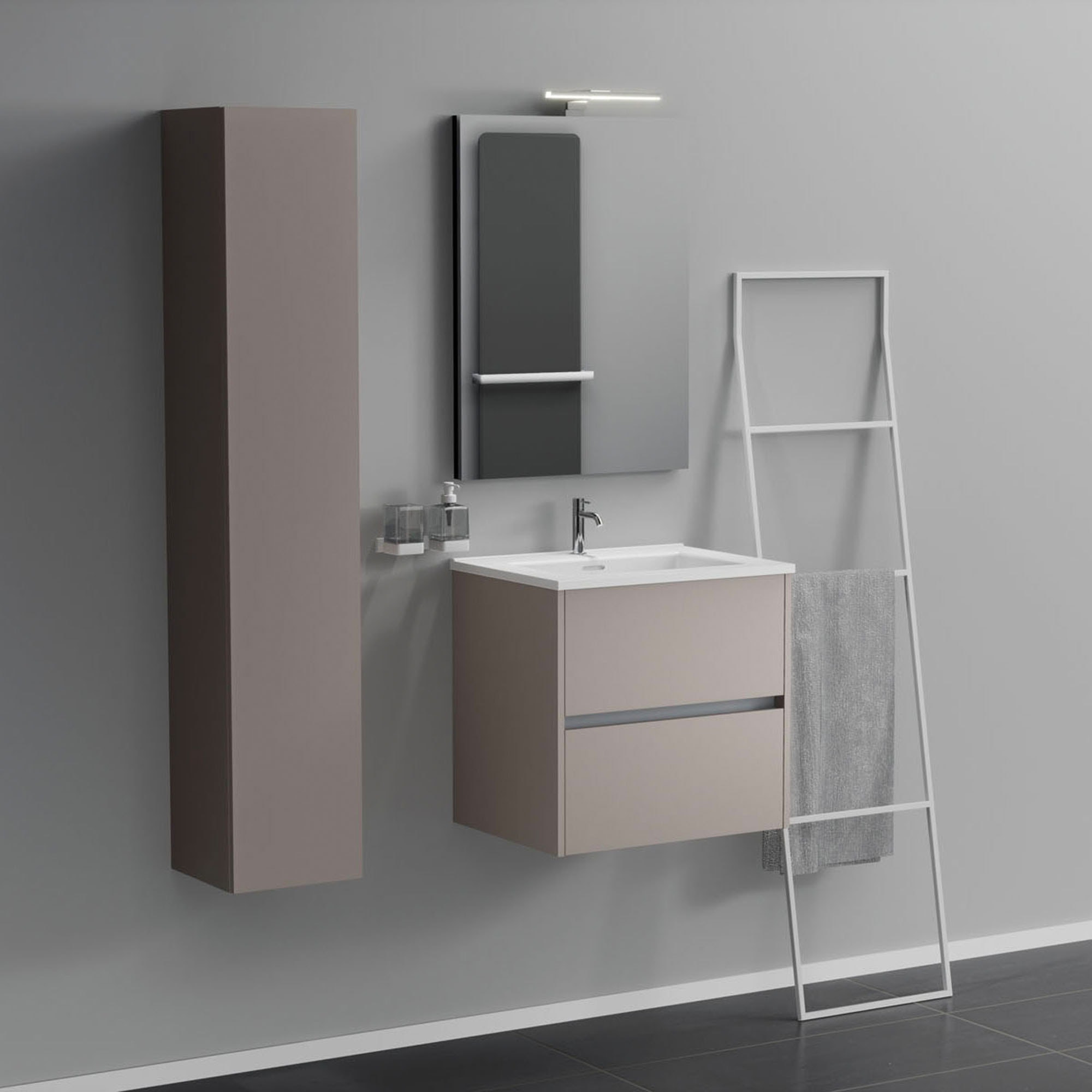 foto del prodotto inda - mobile bagno 2 cassetti l.60 con lavabo specchio e lampada - avorio opaco