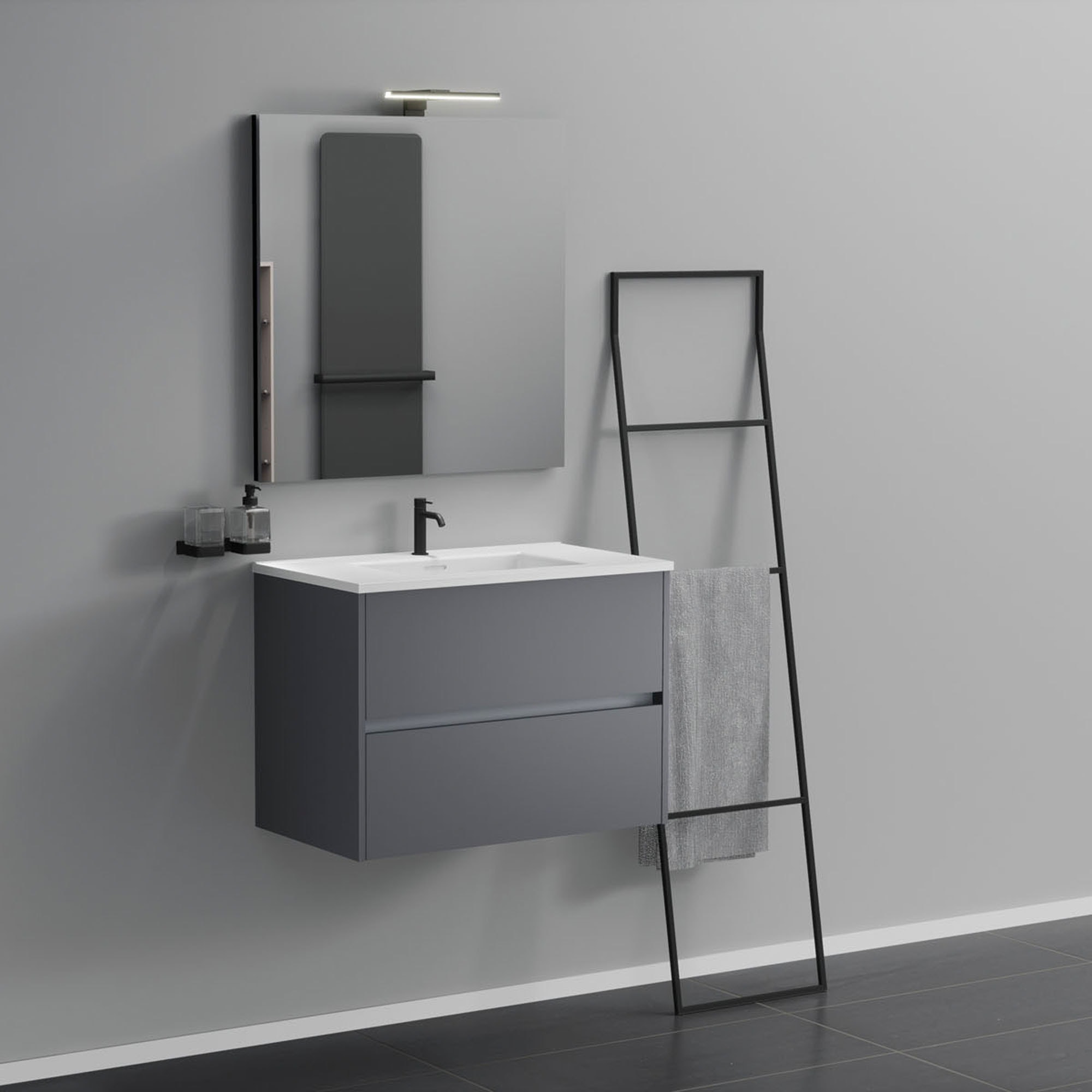 foto del prodotto inda - mobile bagno 2 cassetti l.80 con lavabo specchio e lampada - titanio opaco