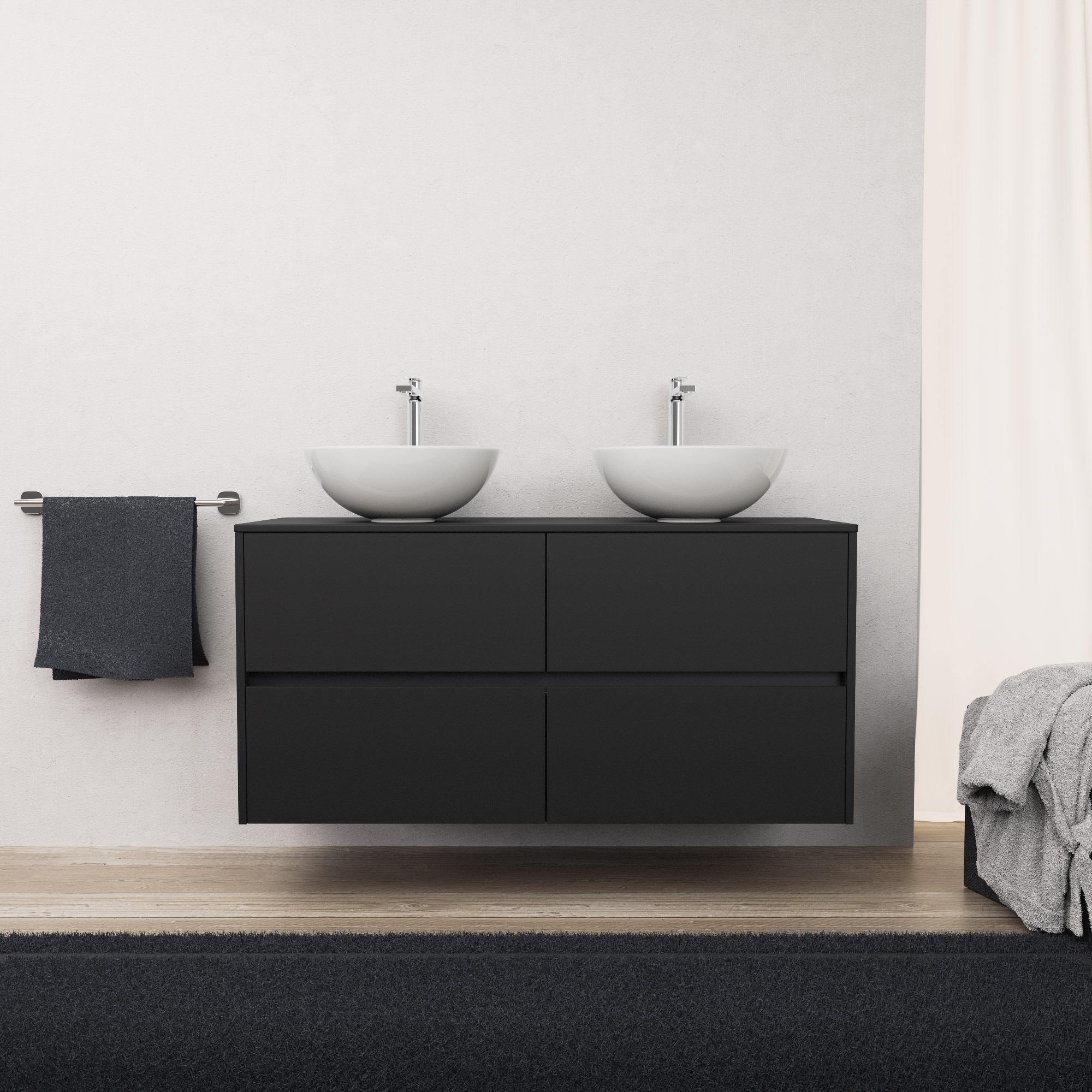 foto del prodotto inda - mobile bagno l.120 con doppio lavabo in appoggio nero opaco 4 cassetti - diamante