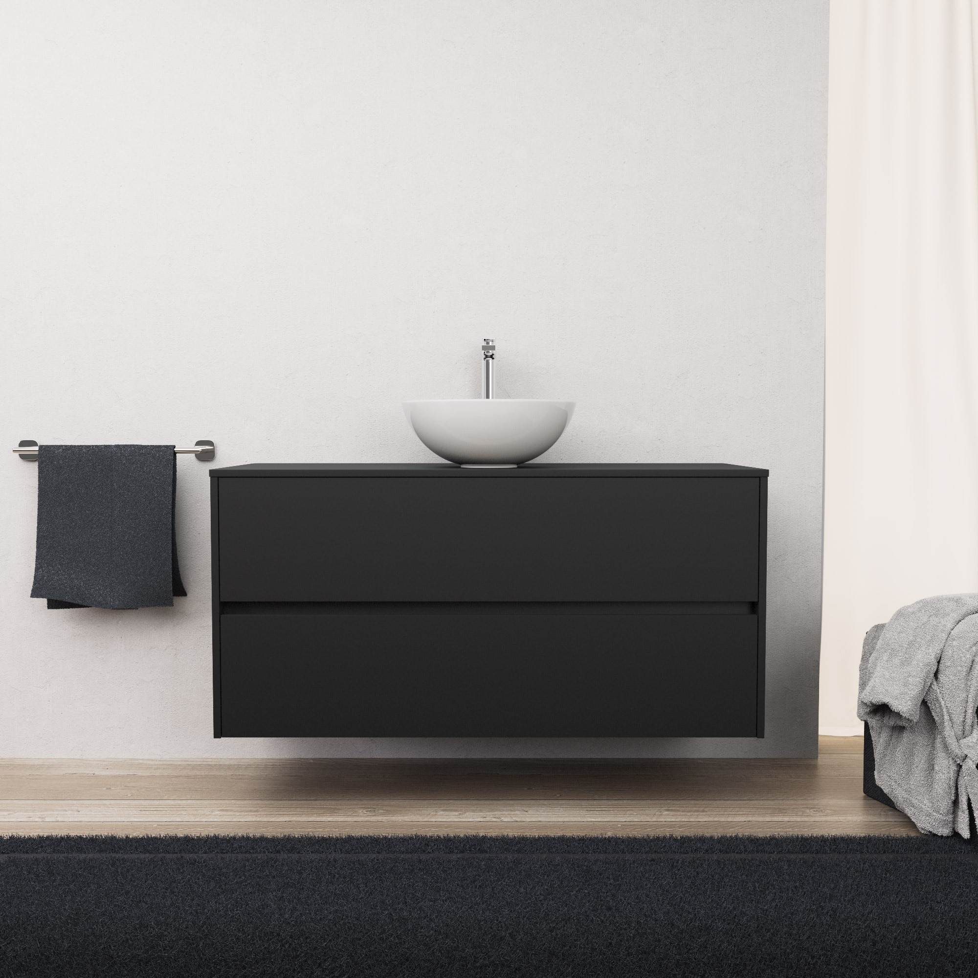 foto del prodotto inda - mobile bagno l.120 con lavabo in appoggio nero opaco 2 cassetti - diamante