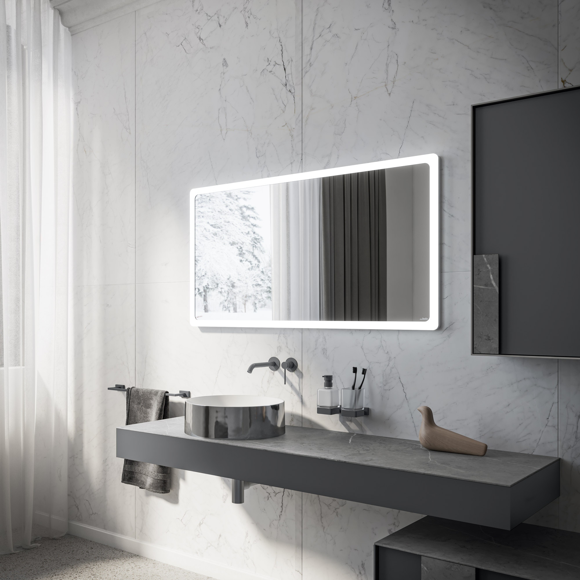 foto del prodotto inda specchio led portole easy 100x64cm con bordo in vetro satinato