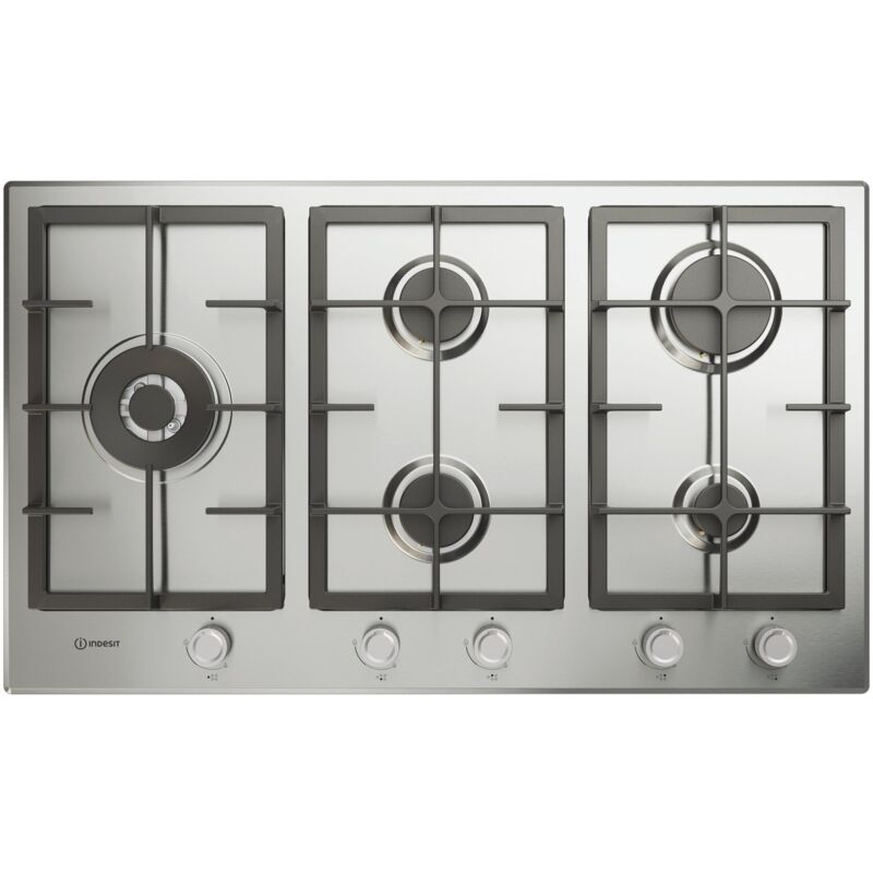 foto del prodotto indesit in 9522 ix 1 piano gas inox 90cm 5 fuochi bruciatore doppia corona griglie in ghisa lavabili in lavastoviglie. colore del prodotto acciaio