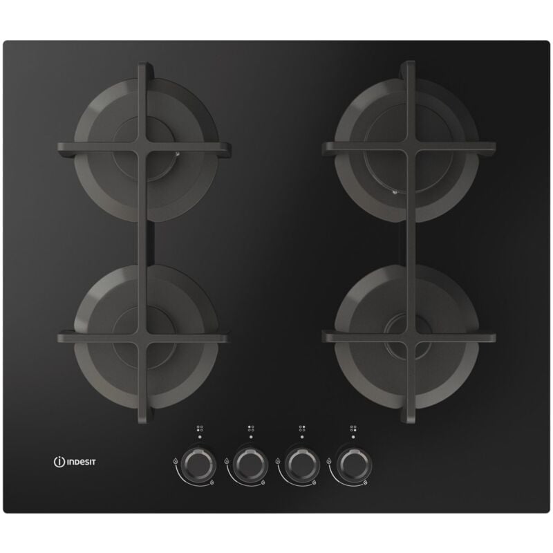foto del prodotto indesit ing 61t bk 1 piano gas vetro nero 60cm 4 fuochi griglie in ghisa lavabili in lavastoviglie. colore del prodotto nero, posizionamento