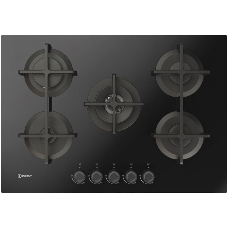 foto del prodotto indesit ing 72t bk 1 piano gas vetro nero 75cm 5 fuochi bruciatore doppia corona griglie in ghisa lavabili in lavastoviglie. colore del prodotto 