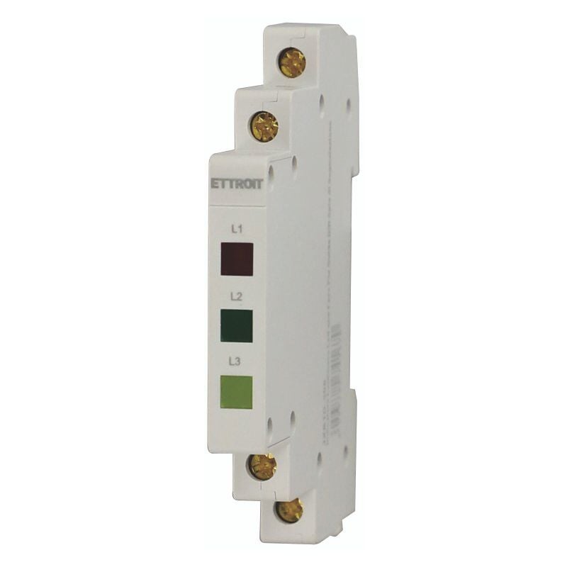 foto del prodotto indicatore luminoso modulare con 3 fase l1 l2 l3 230v, occupa mezzo modulo din, lampada spia led segnalazione ettroit