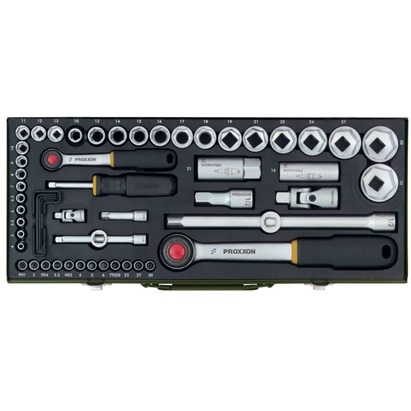 foto del prodotto industrial kit di chiavi a bussola metrico 1 4 6.3 mm , 1 2 12.5 mm 56 parti 23040 proxxon