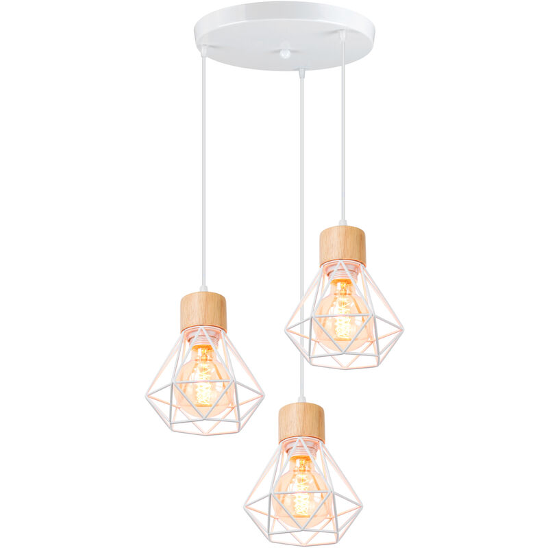 foto del prodotto industriale lampadario gabbia di diamanti ferro lampada a soffitto 3 luci design in legno per sala da pranzo, camera da letto, soggiorno bianco