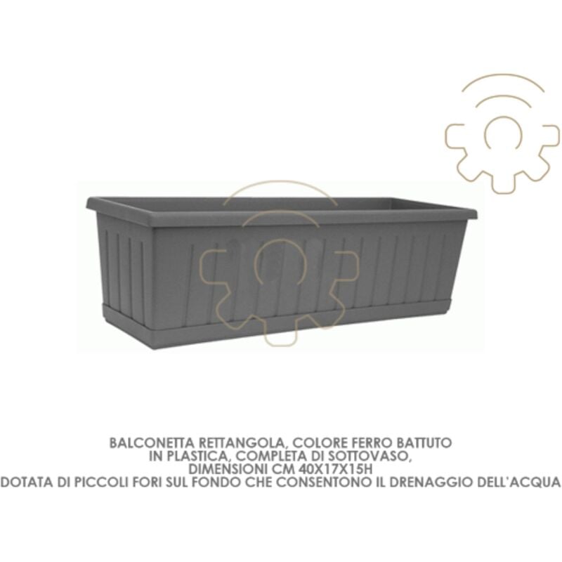 foto del prodotto inferramenta cassetta balconetta vaso rettangolare in plastica colore ferro battuto con sottovaso cm 40x17x15 h esterno fiori piante balcone