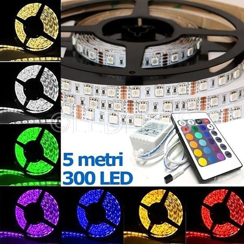 foto del prodotto inferramenta striscia a led smd 5050 rgb ip65 5 metri bobina con alimentatore e telecomando