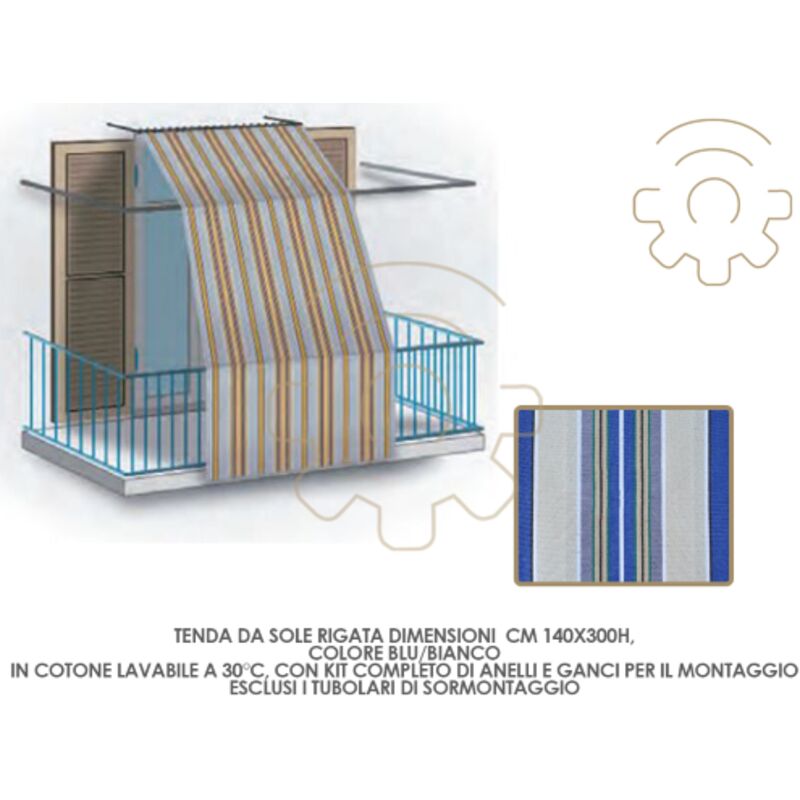 foto del prodotto inferramenta tenda da sole rigata blu bianco cm 140 x 300 h cotone lavabile kit anelli e ganci esterno balcone finestra terrazzo