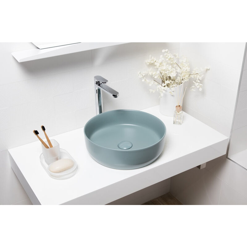 foto del prodotto infinitio lavabo da appoggio 39 x 39 x 12 cm senza troppopieno, verde opaco satinf3939lgem swiss aqua technologies
