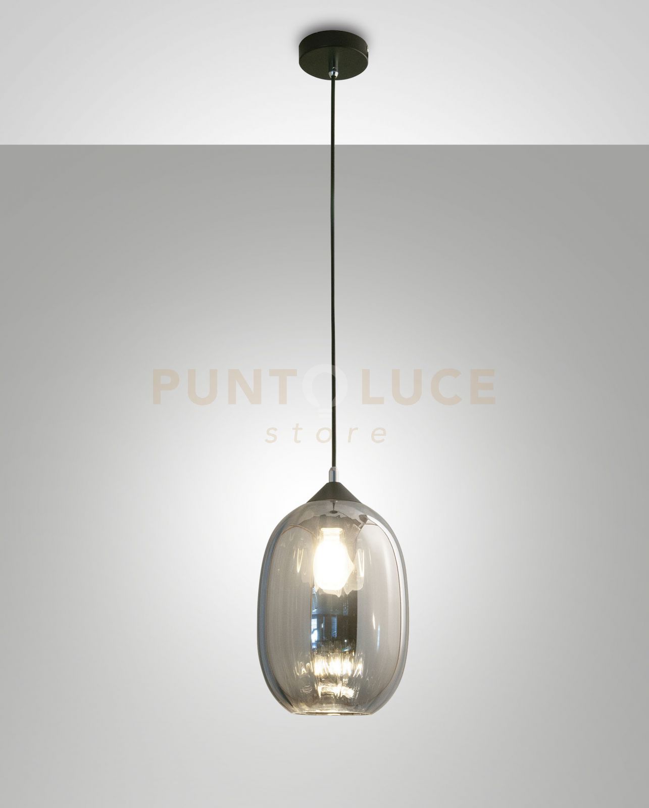 foto del prodotto infinity sospensione 1 luce d.20cm in vetro fume' e struttura in metallo nera attacco e27 smart c access.