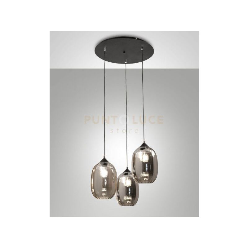 foto del prodotto infinity sospensione 3 luci in vetro fume d.58cm con struttura in metallo nero tonda attacco e27 smart c access.