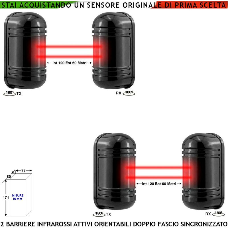 foto del prodotto infrarossi attivi doppio fascio orientabile 2 pezzi sbarramento lineare sensore passaggio segnala allarme intruso portata 120 mt interno 60 mt