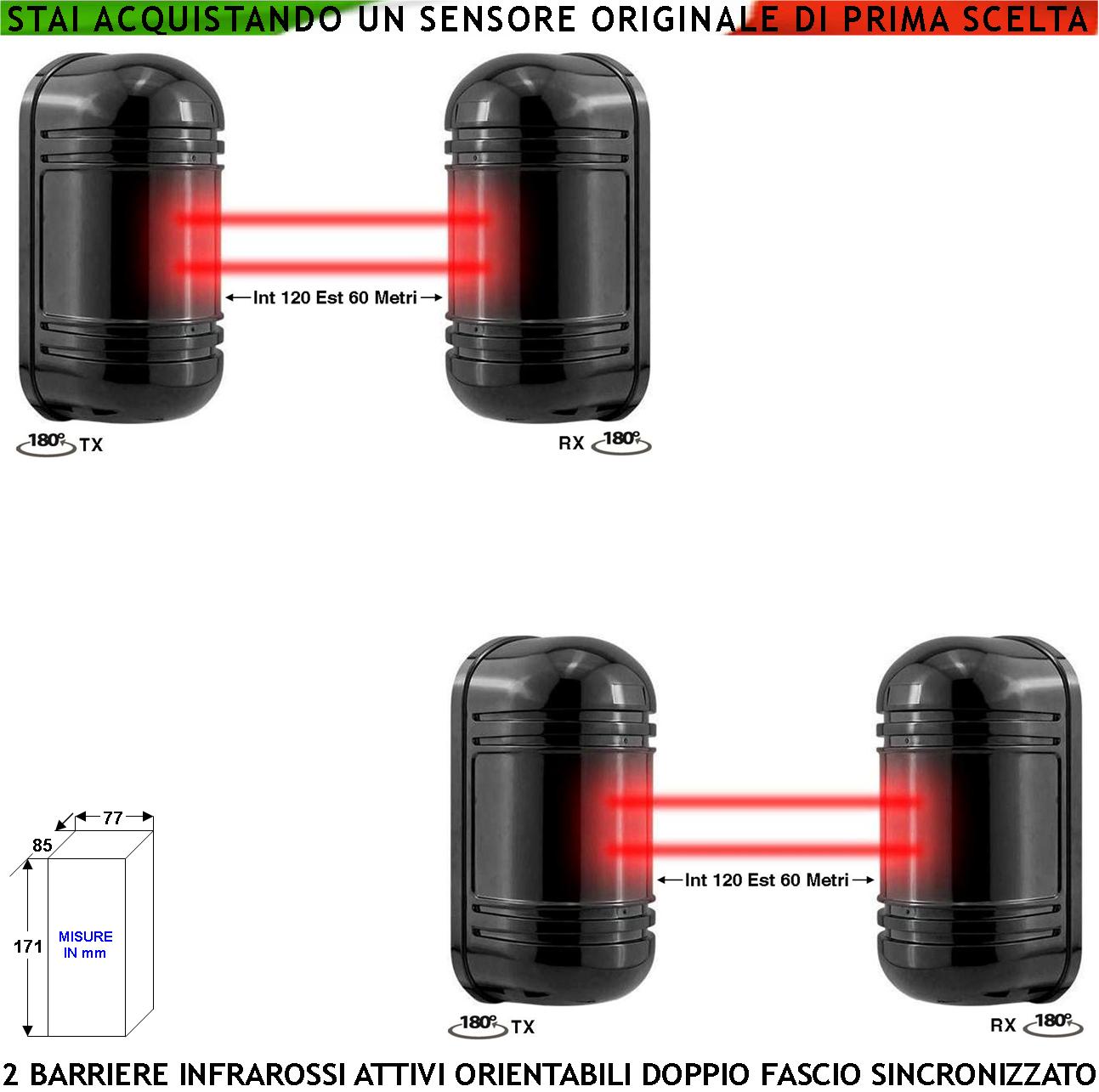 foto del prodotto infrarossi attivi doppio fascio orientabile 2 pezzi sbarramento lineare sensore passaggio segnala allarme intruso portata 120 mt interno 60 mt esterno collegamento filare alim. 12 v barriera antifurto