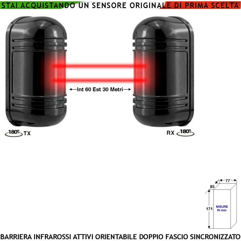 foto del prodotto infrarossi attivi doppio fascio orientabile sbarramento lineare sensore passaggio segnala allarme intruso portata 60 mt interno 30 mt esterno