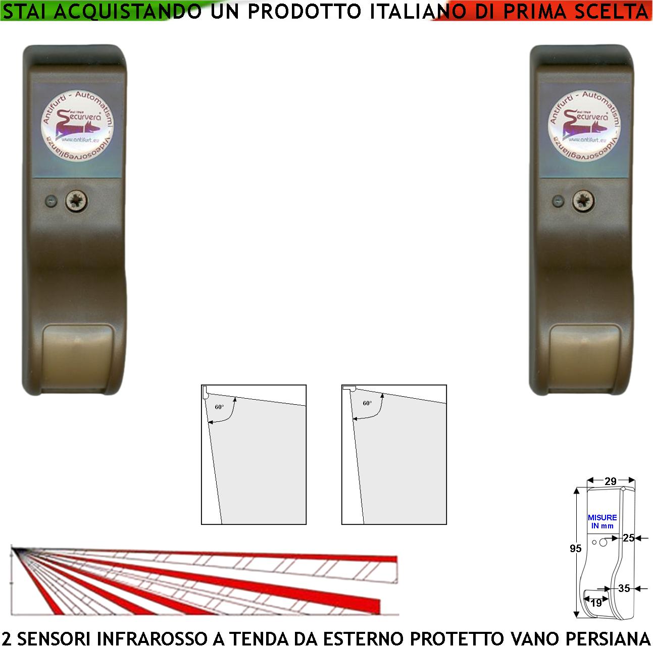 foto del prodotto infrarosso dual pir tenda esterno protetto 2 sensori marroni rilevano intruso inviano allarme portata 8 mt 60 vert. 7 orizont. alimentazione 12 v assorb. 10 ma antifurto vano persiana cover abs ip31