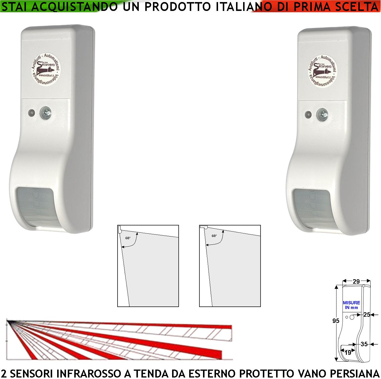 foto del prodotto infrarosso dual pir tenda esterno protetto due sensori che rilevano intruso invia allarme portata 8 mt 60 vert. 7 orizont. aliment. 12 v assorbim. 10 ma antifurto vano persiana cover bianco abs ip31