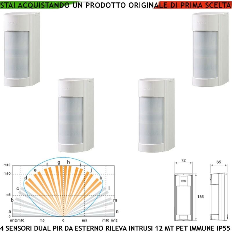 foto del prodotto infrarosso dual pir vxi 4 rilevatori di movimento per allarme grandangolo con filtri a tenda portata 12 mt regolabile via filo relè protezione